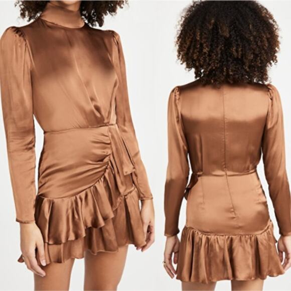 IRO Osiam Satin Ruffle Mini Dress in Camel - Picture 2 of 8